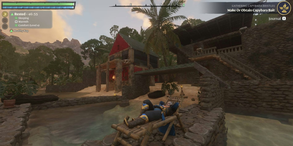 Player character relaxing on a wooden lounge beside a custom-built base in Enshrouded