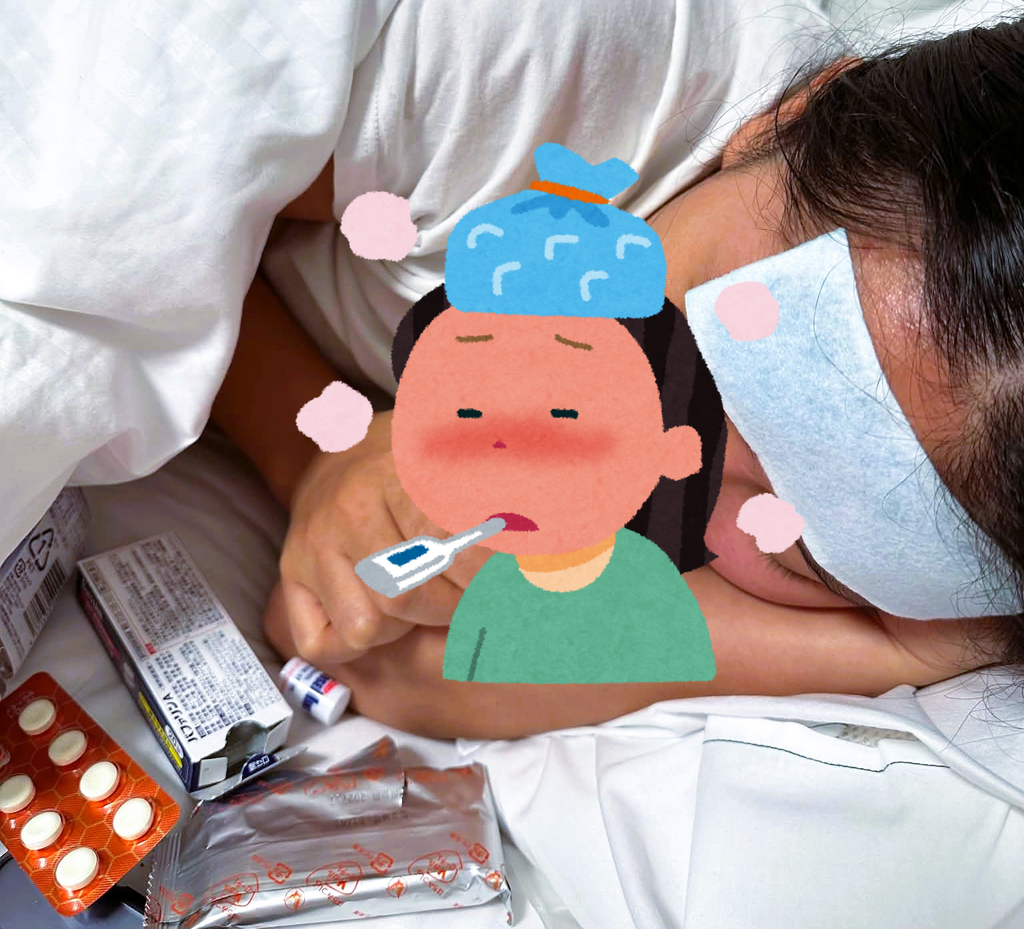 Traveler resting in bed with medicine and a cold compress after getting sick in Japan