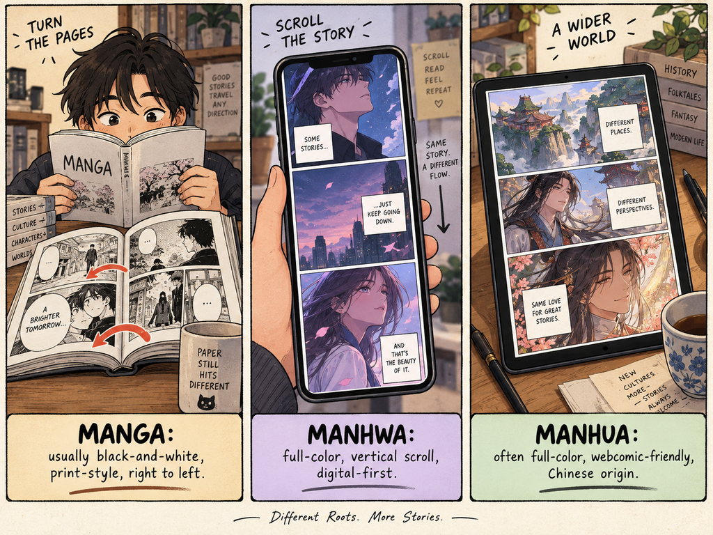 Reader comparing Japanese manga, Korean manhwa, and Chinese manhua